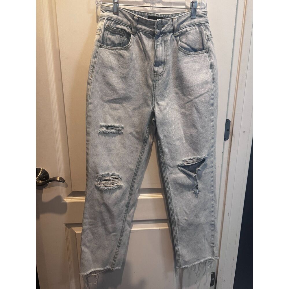 English Factory High Rise Distressed Straight Leg Jeans Light Wash Size 28
